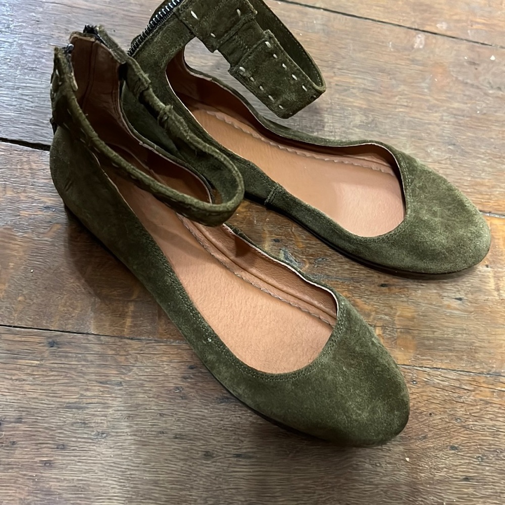 Frye Carson Green suede flats with ankle straps